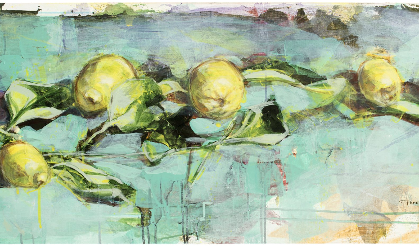One of Tero's paintings — lemons on the branch over washes of pale turquoise, signed in the corner