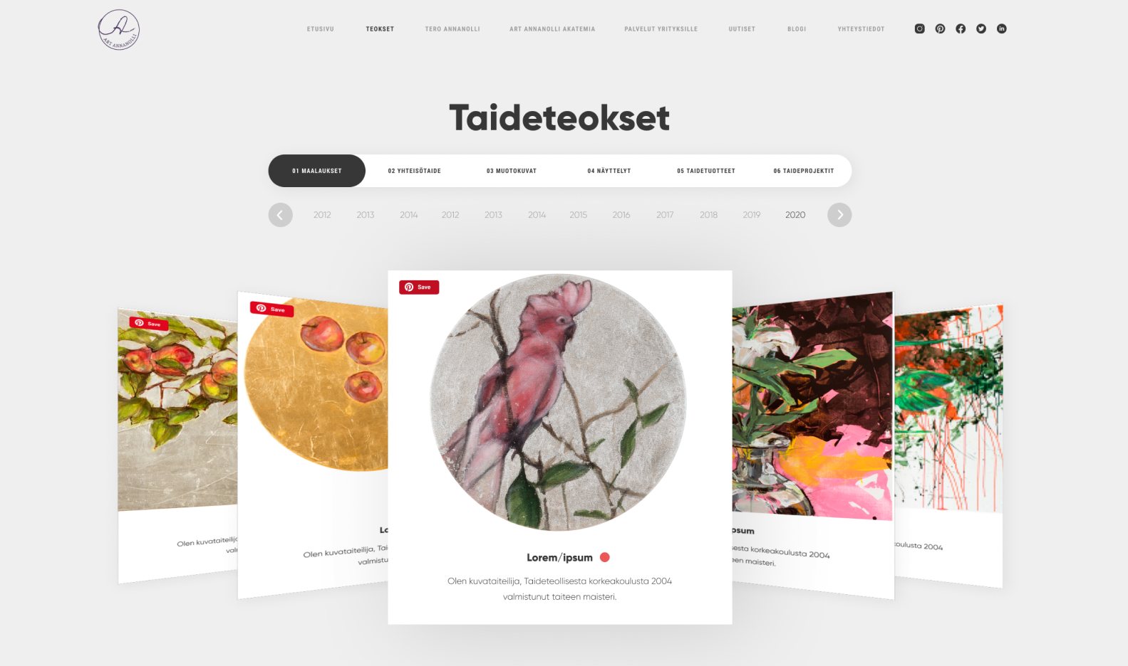 The Taideteokset gallery page on the finished site — category tabs, a year selector, and a row of artwork cards with a round-cropped bird painting centred