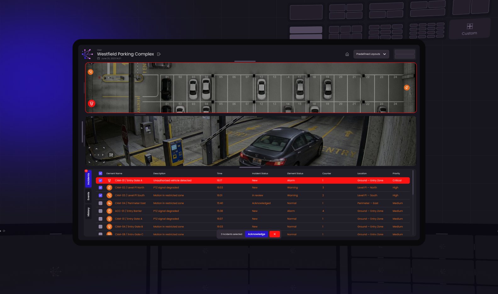 An operator monitor for the Westfield Parking Complex — a parking-deck camera feed above a car stopped at the barrier, with the incident table below flagging one row critical in red
