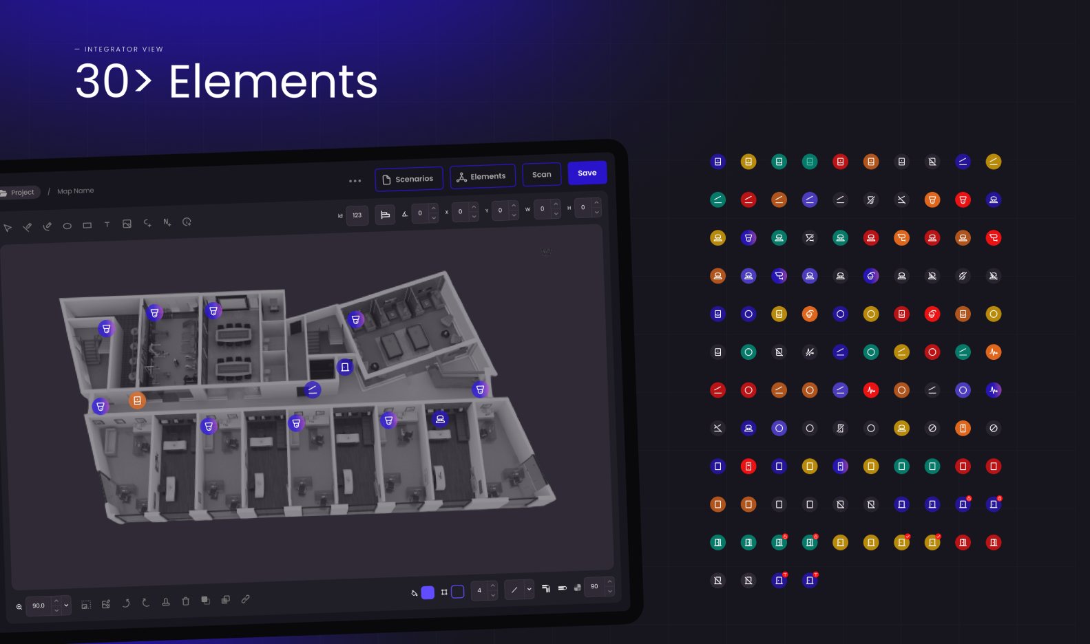 The integrator view — a 3D floor plan with device markers placed through it on a tablet, beside the full grid of colour-coded device icons