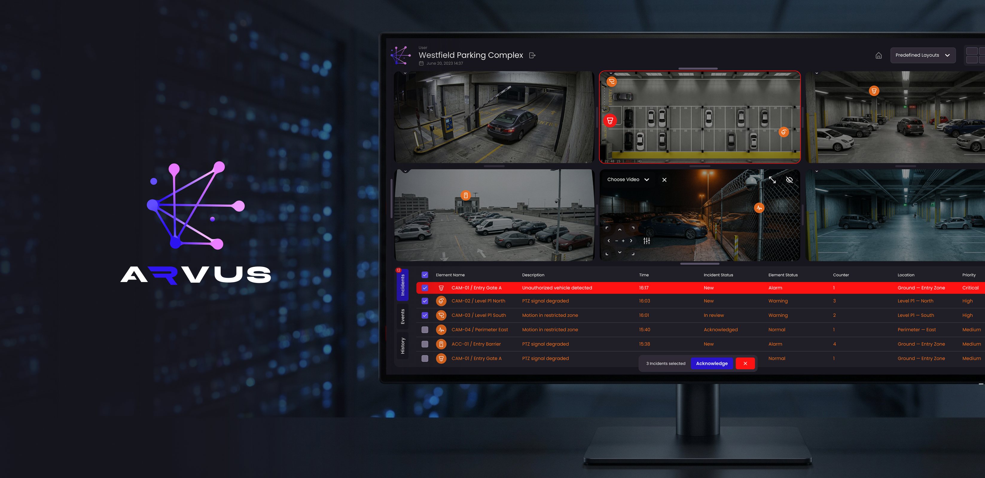 The ARVUS wordmark beside an operator monitor: a six-tile video wall watching a parking complex, above an incident table with a critical unauthorized-vehicle alert