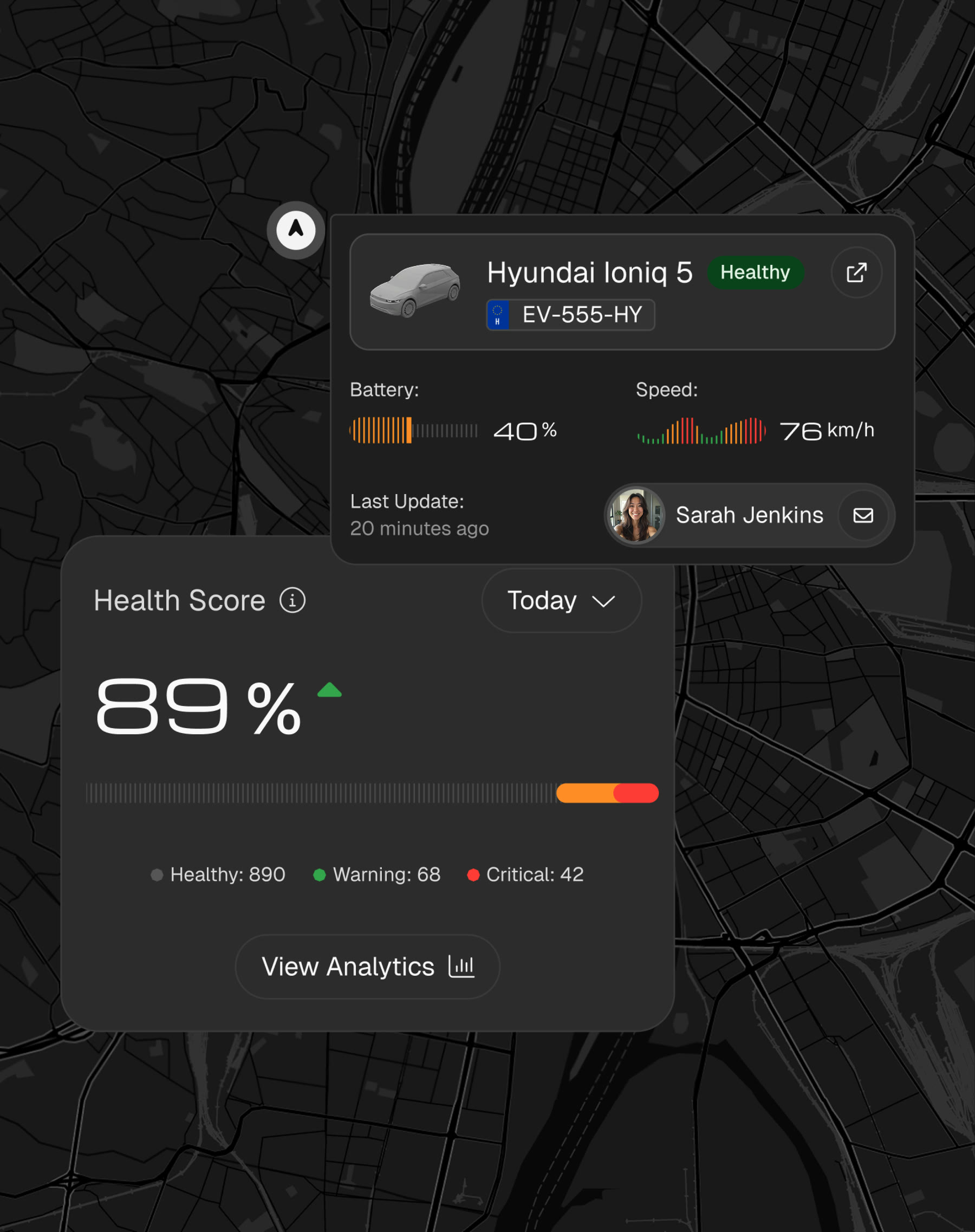 The fleet map at night with a vehicle card over it — a Hyundai Ioniq 5 at 40% battery and 76 km/h — beside a health score of 89% split into healthy, warning and critical counts