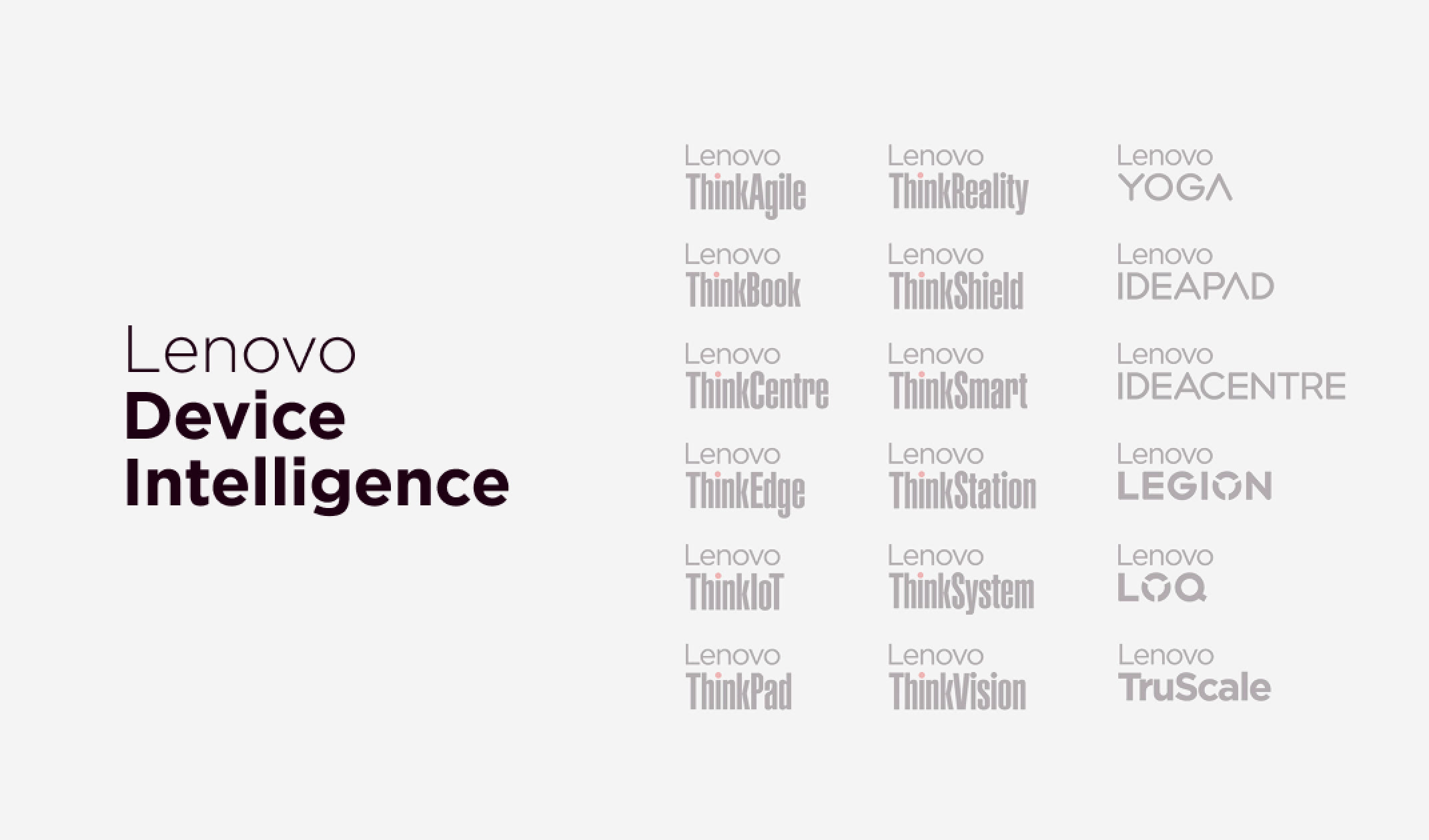 The Lenovo Device Intelligence lockup beside the wider Lenovo sub-brand family — ThinkPad, ThinkSystem, ThinkShield, Yoga, IdeaPad, Legion, TruScale and the rest