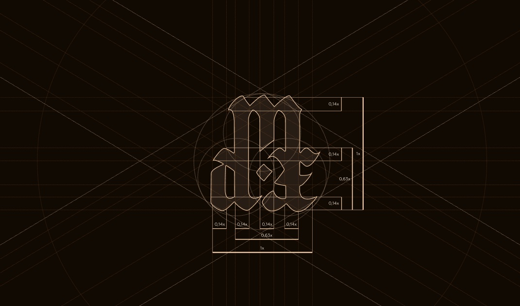 A construction diagram for the Mdt monogram — golden-ratio circles, grids and proportion callouts (0.14x, 0.63x, 1x) around the blackletter mark