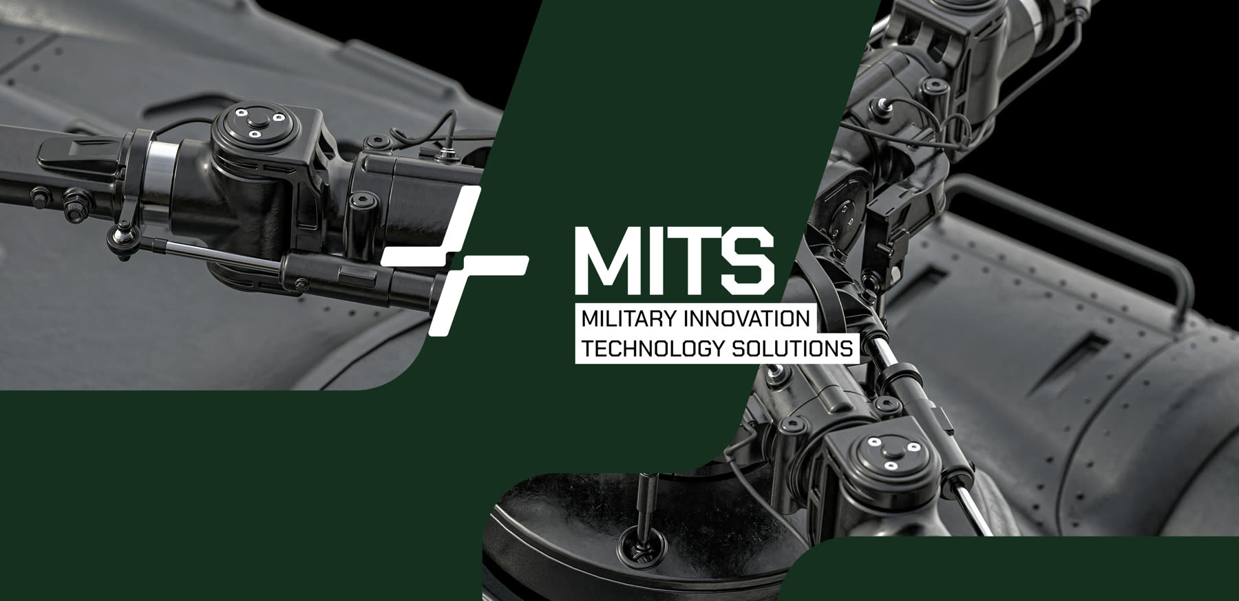 MITS — Military Innovation Technology Solutions: the cross monogram and wordmark over close-up shots of black military hardware