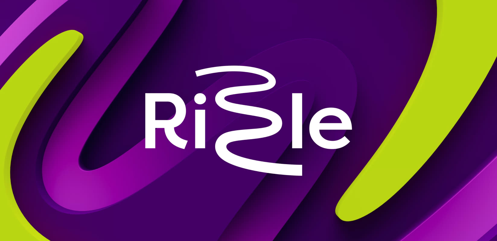 The Rizzle wordmark in white over a purple gradient with lime-green swoops
