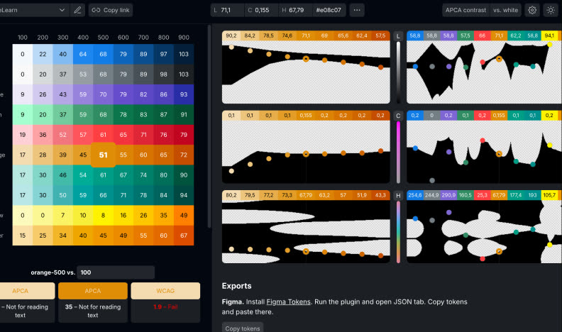 A color-ramp and contrast-checking tool, showing the blue ramp at steps 100–900 with APCA and WCAG contrast scores for the selected step