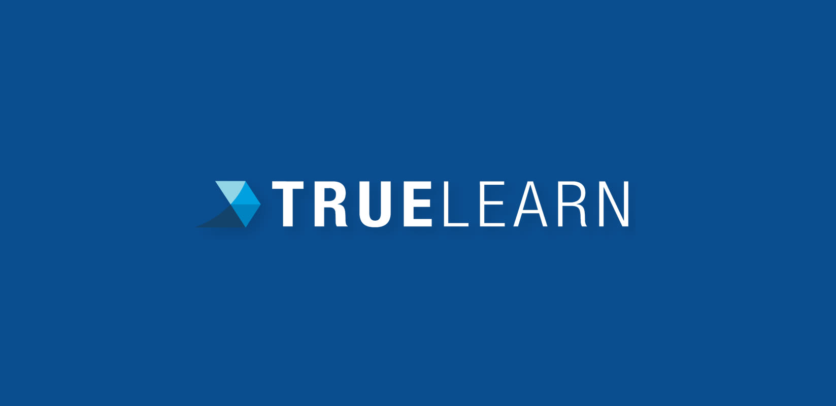 The TrueLearn logo — a faceted blue gem mark beside the wordmark — on solid brand blue